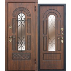 Входная металлическая дверь со стеклопакетом и ковкой Vikont Грецкий Орех